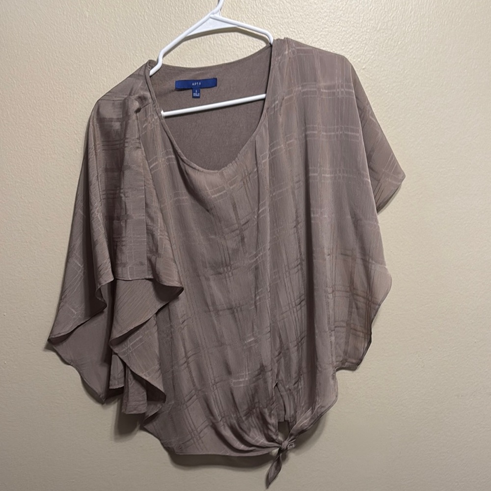 Taupe Plaid Blouse with Tie Front